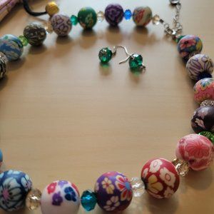 Multi-Color Clay Bead Necklace with matching earrings